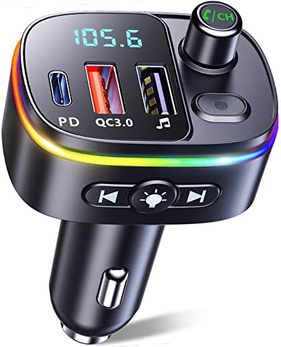 Vecuni FM Transmitter Autós Bluetooth 5.0, QC3.0 & PD 18W USB-C Autós Töltő, 9 RGB Háttérvilágítású, Autós Bluetooth-Vevőkészülék, Bluetooth