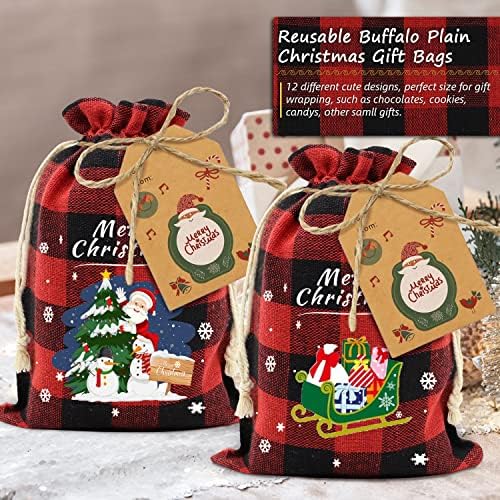 24Pcs Pamut Karácsonyi Zsák Összehúzható Buffalo Kockás Karácsonyi Ajándék Táskák Pamut Karácsonyi Édesség Zsákok Kis Karácsonyi