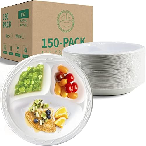 YANGRUI Fehér Műanyag Tányér, 9 Inch 3 Rekeszes 150 Pack Élelmiszeripari Meterial BPA Mentes Újrafelhasználható Tányér