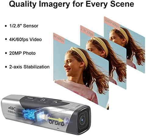 ORDRO EP8 Hordható Kamera kihangosító POV Elfog, Ultra HD-4K 60fps Videokamera 1/2.8 - Érzékelő, 2-Tengelyes Gimbal Stabilizátor,