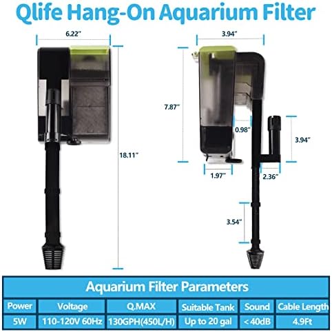 QLIFE 5W Hang-A Csendes Akvárium Szűrő: 130GPH Hatalom Aktív Szén Falra Szerelhető akváriummal Szivacs Szűrő Olaj Surface Skimmer