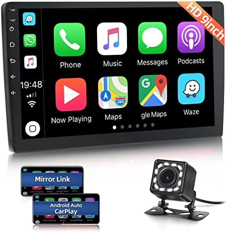 Dupla Din autórádió-val Carplay, Android Auto 9 Hüvelykes érintőképernyő, Rádió, Bluetooth/Mirror Link/Mélysugárzó + Biztonsági Kamera, Mikrofon