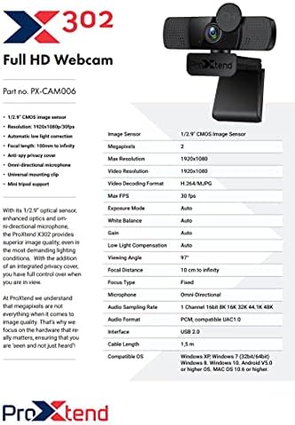 PROXTEND X302 Full HD Webkamera PX-CAM006 (1/2.9 - os CMOS képérzékelő, 1920x1080/30fps, Többirányú Mikrofon Anti-spy Adatvédelmi Borító,