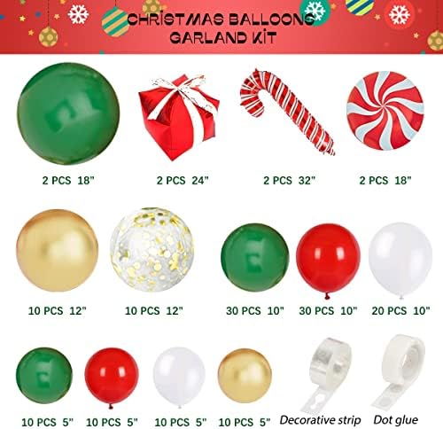 Karácsonyi Lufi Garland Arch Készlet, 155 db Karácsonyi Ünnep Lufi, Piros, Zöld, Fehér, Arany Konfetti, Léggömbök Candy Cane