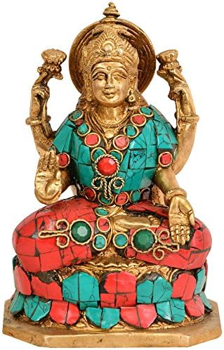 Lakshmi istennő Ül a Lotus - Brass Inlay Szobor