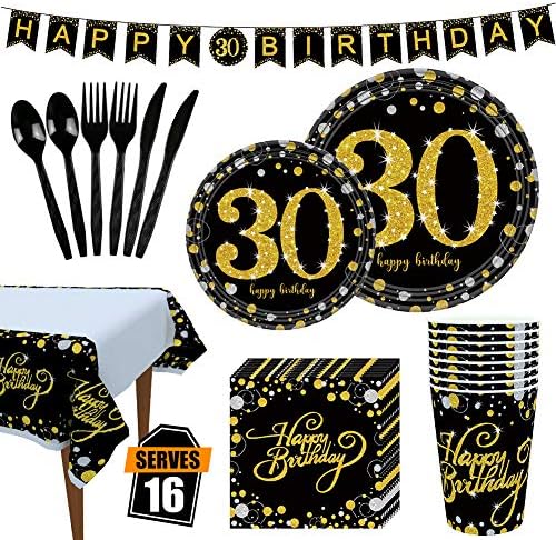 Rainmae 30. Születésnapi Party Kellékek Edények Beállítás arra Szolgál, 16 Vendég-Tányérok, Poharak, Szalvéta, Kés, Kanál, Villa,