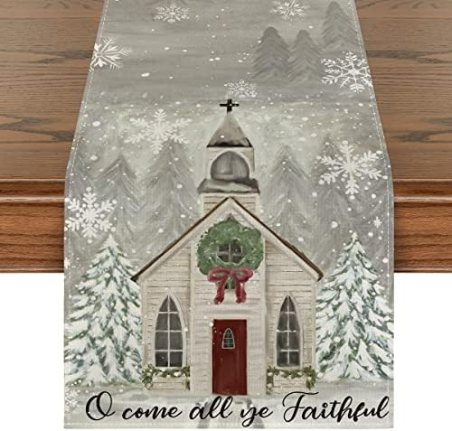 Artoid Mód Egyház Karácsonyi Fák Hópelyhek Boldog Karácsonyt asztali Futó, csokornyakkendő Konyha, Étkező Asztal Dekoráció Kerti
