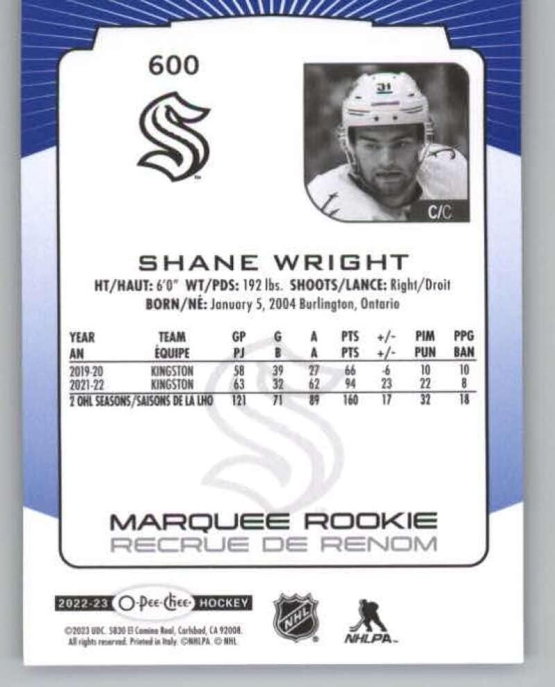 2022-23 O-Pee-Chee Kék Határon 600 Shane Wright RC Újonc Seattle Kraken NHL Jégkorong Trading Card