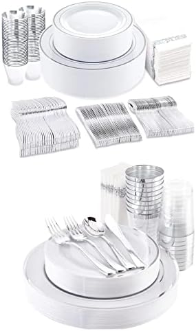 Mennyei 600pcs Ezüst Étkészlet Szett tartalmazza 75 műanyag tányér, 75 műanyag salátás tál, 150 ezüst villa, 75 ezüst kések,