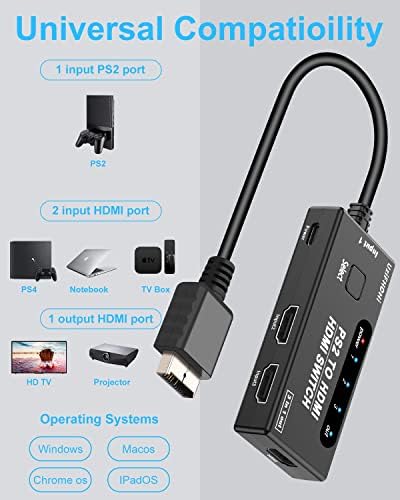 PS2-HDMI Átalakító Adapter, 3 in 1 (1 PS2, 2 HDMI in) HDMI Ki Támogatja a Full HD-4K 1080P 3D-s PS2,Roku, HDTV, PS4/5, Xbox, PC