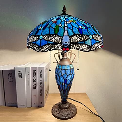 Capulina Tiffany asztali Lámpa 3-Fény Éjjeli 16X16X24 Cm Rusztikus, Antik Kék Szitakötő Stílusú asztali Lámpa, Otthoni Irodába, nappaliba,