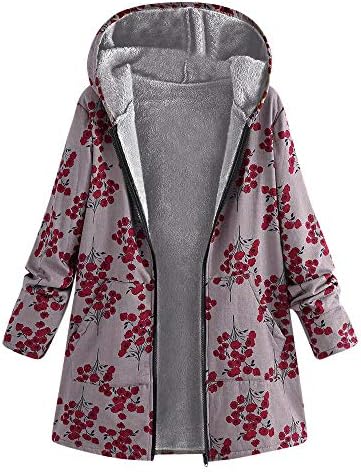 NREALY Kabát Női Téli Meleg Outwear virágmintás Kapucnis Zsebbel Vintage Túlméretes Kabátok