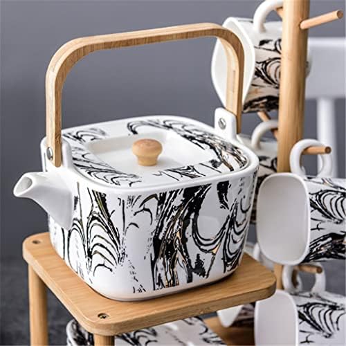 XIULAIQ Fekete-fehér mintás kerámia kávés teás készlet porcelán fekete-fehér teáskanna fa képkeret háztartási tea (Szín : Egy,
