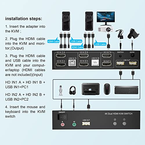 Dual Monitor KVM Kapcsoló HDMI 2 Port, 4K@60Hz Bővített Kijelző KVM Switch 2 Monitor 2 Számítógépek Audio Mikrofon Kimenet, 3