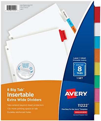 Avery Nagy Lap Insertable Extra Széles Elválasztó, 8 Többszínű Lapok, 1 Készlet (11222)