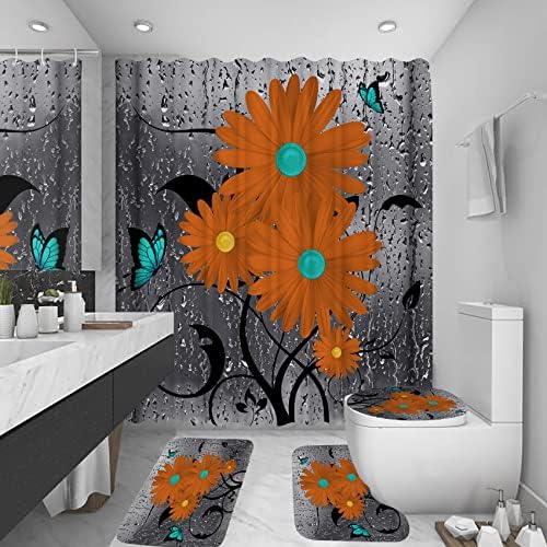 Guassi 4db Narancs Daisy zuhanyfüggöny Készletek csúszásgátló Szőnyegek, Wc Fedelét Fedelét, majd Szőnyeg, Virág Pillangó Fürdőszoba Decor