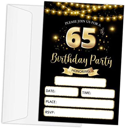 RLCNOT 65 Születésnapi Meghívók, Kártyák Borítékok Készlet 20 - a Klasszikus Fekete-Arany Szülinapi Meghívókat a Tini, Felnőtt, Férfi,