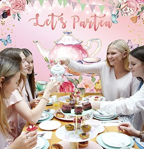 Nézzük Partea Hátteret, Tavaszi, Rózsaszín Virágos Pillangó Csillogó Tea Party Fotózás Háttér Édes Lány, Kertben Délutáni Tea