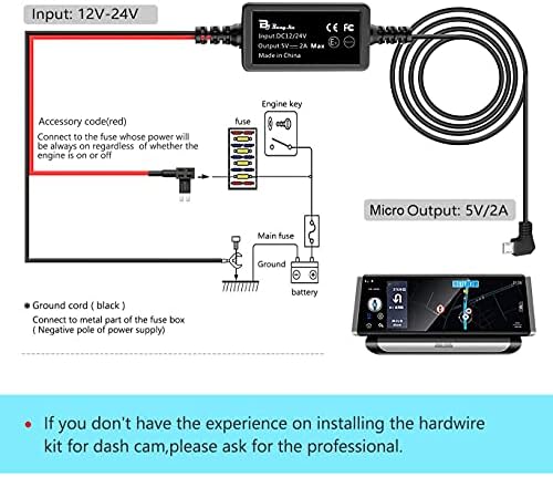 Kamera Vezetékes Készlet,Micro USB Csatlakozó Vezetékes Kit Biztosíték Dashcam, Bangjia 12V-24V, hogy 5V/2A Autó Dash Kamera Töltő