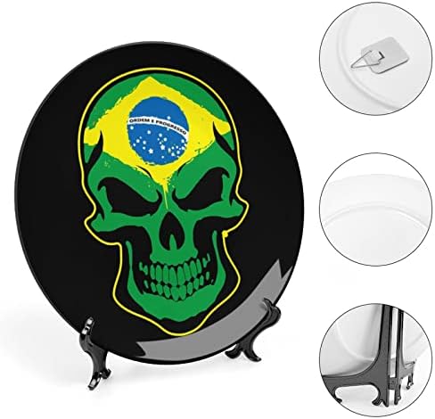 Brazil Zászló Koponya Vicces porcelán Díszítő Tányér Kerek Kerámia lapok Kézműves Display Állvány Home Office Fali Dekoráció