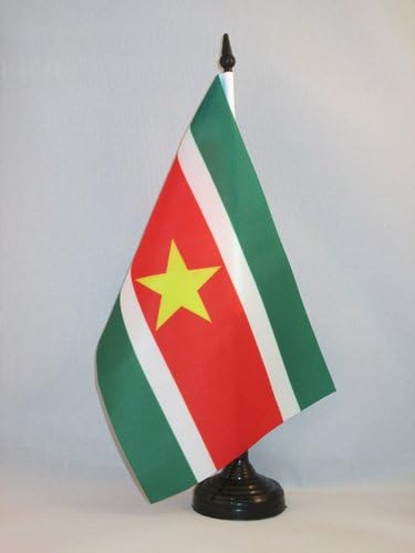 AZ ZÁSZLÓ Suriname Táblázat Zászló 5 x 8 - Surinamese Asztal Zászló 21 x 14 cm - es, Fekete Műanyag pálca, Bázis