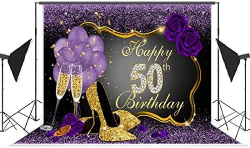 Boldog 50-ik Születésnapját Hátterekkel, Csillogó Lila Pontok, Arany Keret Fotózás Hátteret Parti Dekoráció Rózsa Virág Lufi Sarkú