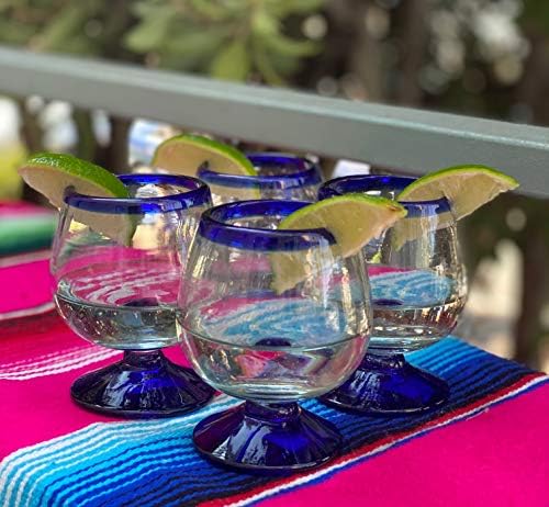 Mexikói Kézzel Fúvott Üveg – Készlet 4 Kezét Fújt Konyakot Náthás Szemüveg - Kobalt Kék Felni