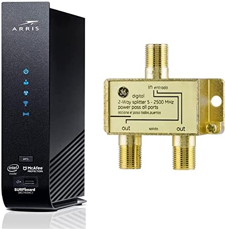ARRIS Szörfdeszka SBG7400AC2 DOCSIS 3.0 Kábel Modem & AC2350 kétsávos Wi-Fi Router & GE Digitális, 2-utas Koaxiális Kábel Elosztó, 2,5
