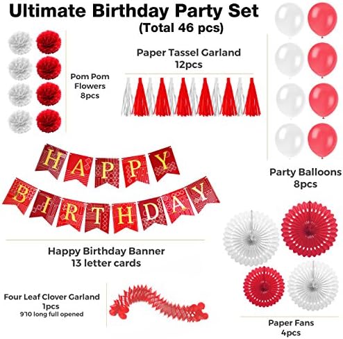 46 db Piros-Fehér Szülinapi Party Dekoráció, Papír Rajongók, Lufi Boldog Születésnapot Banner, Arany Fólia Leveleket, Pom Pom