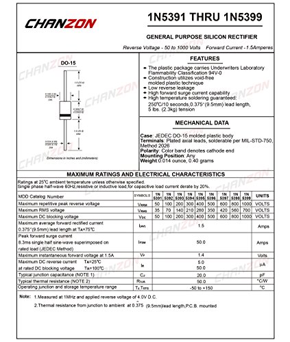 (Csomag 100 Darab) Chanzon 1N5399 Egyenirányító Dióda 1,5 1000V DO-15 (DO-204AC) Axiális 5399 IN5399 1.5 Amp 1000 V-os Elektronikus