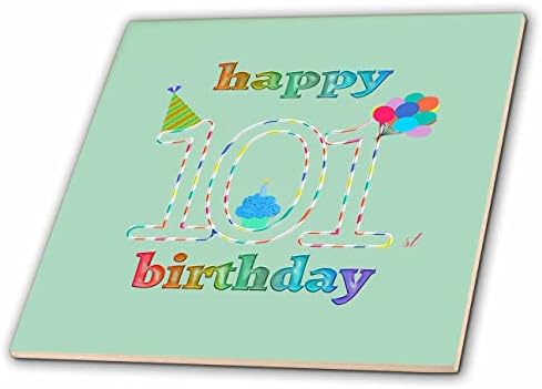 3dRose Boldog 101 Születésnapot, Süti a Gyertyát, Lufi, Kalap, Színes - Csempe (ct_352198_1)